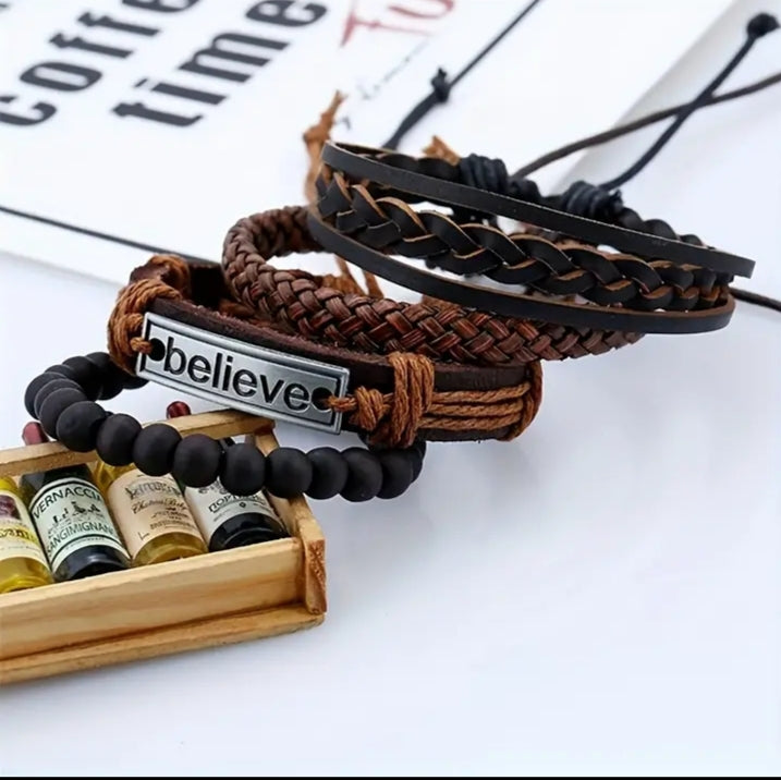 Beaded and braided leather bracelet set