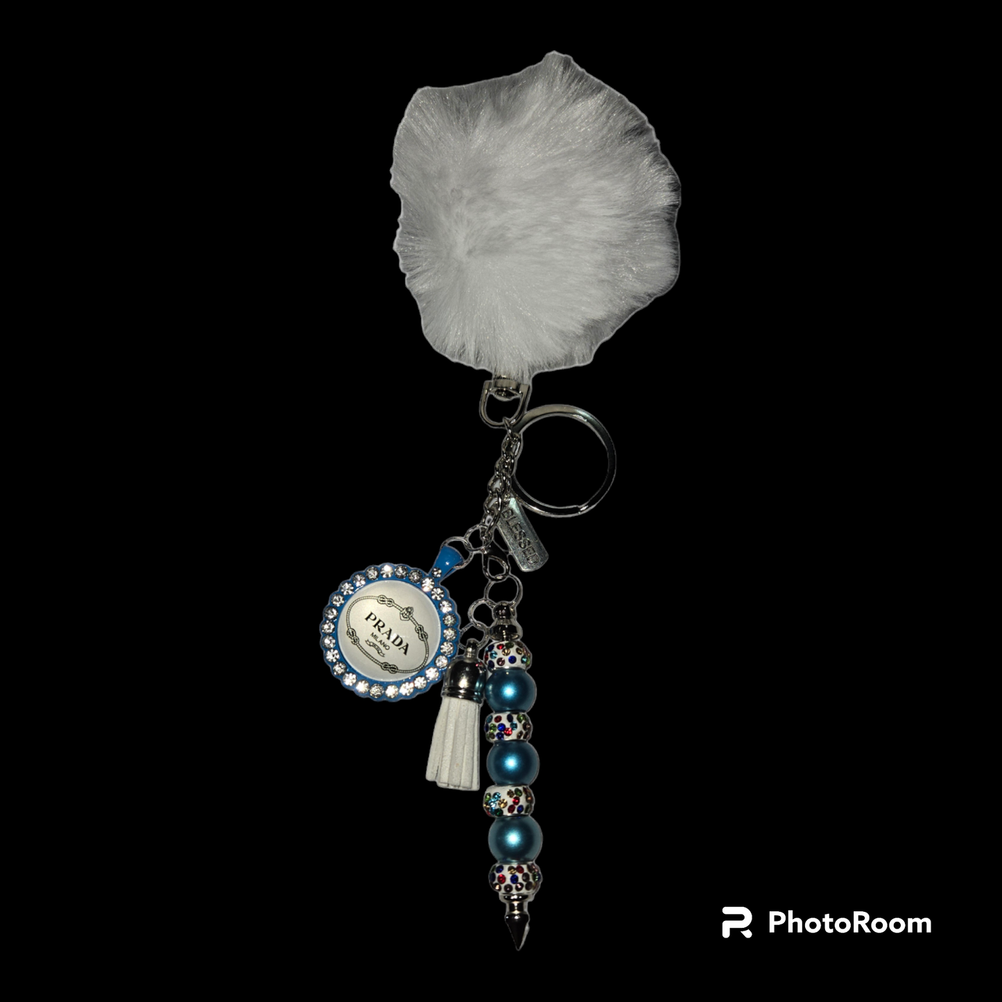 Pom pom beaded bar key chain