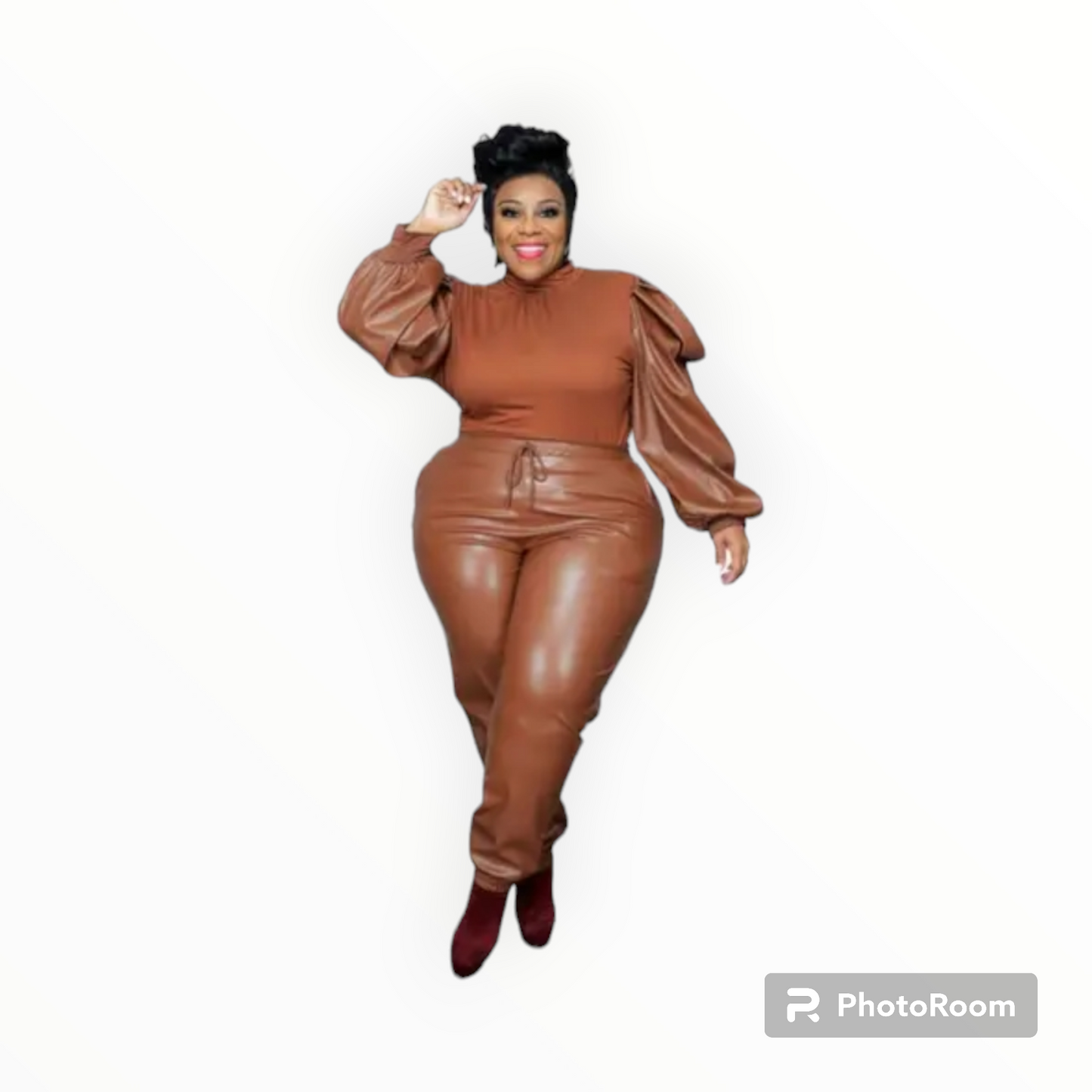 Plus size Puff sleeves faux leather 2pc joggers set