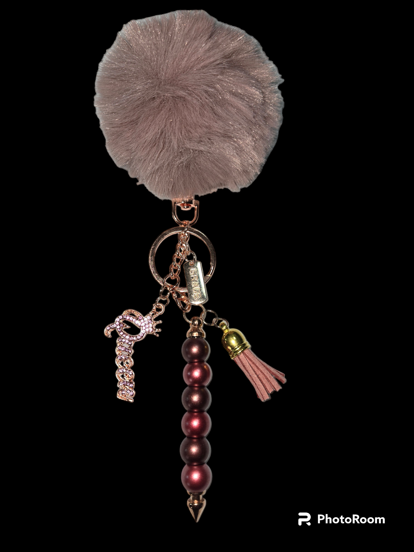 Pom pom beaded bar keychain