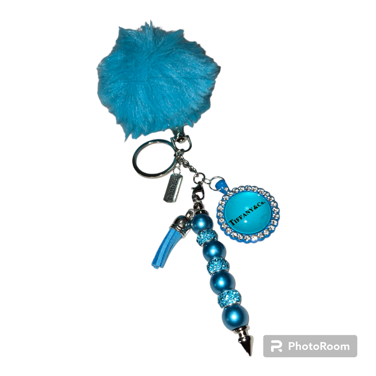 Pom pom beaded bar key chain