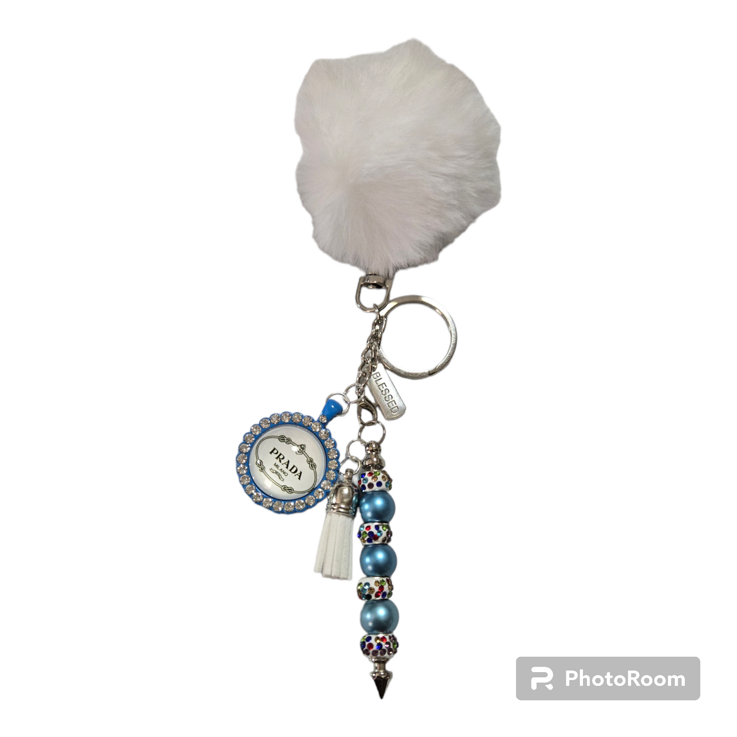 Pom pom beaded bar key chain