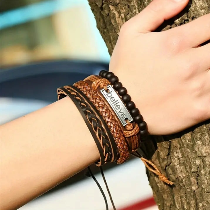 Beaded and braided leather bracelet set