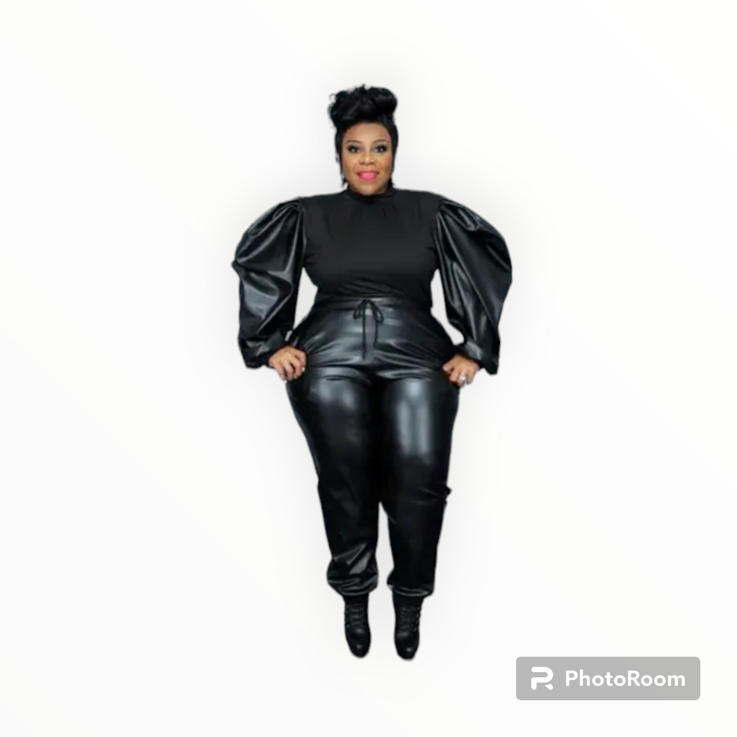 Plus size Puff sleeves faux leather 2pc joggers set