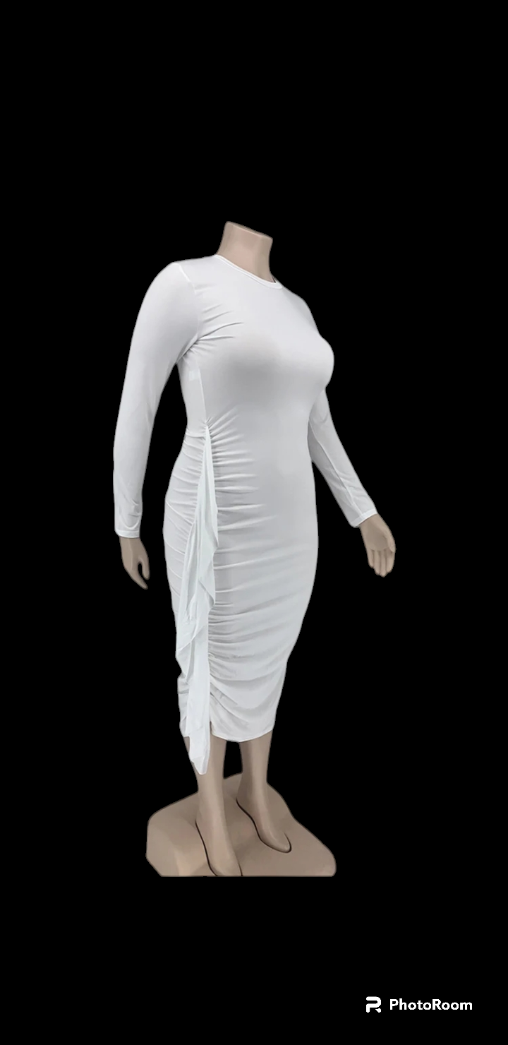 Plus size women ruffle trim side drape midi dress