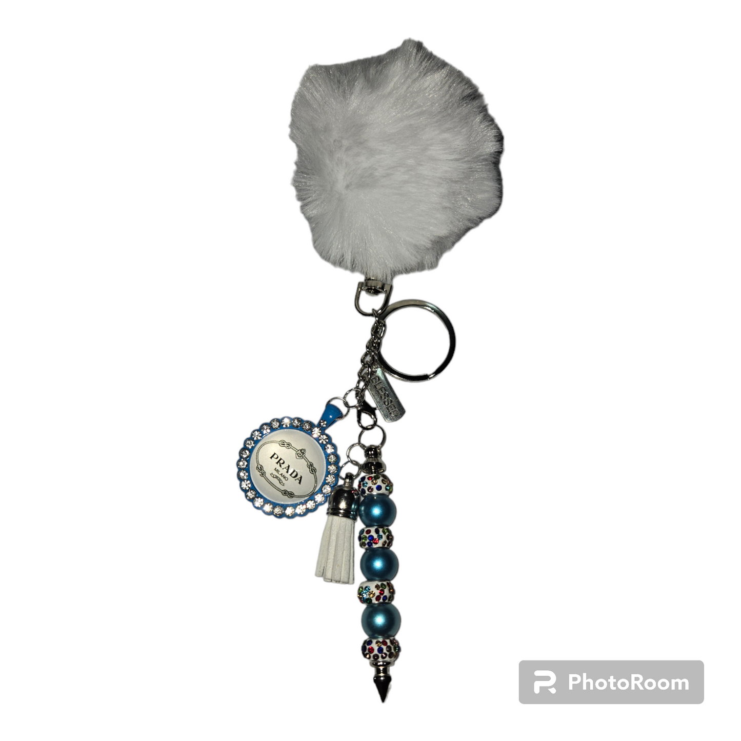Pom pom beaded bar key chain