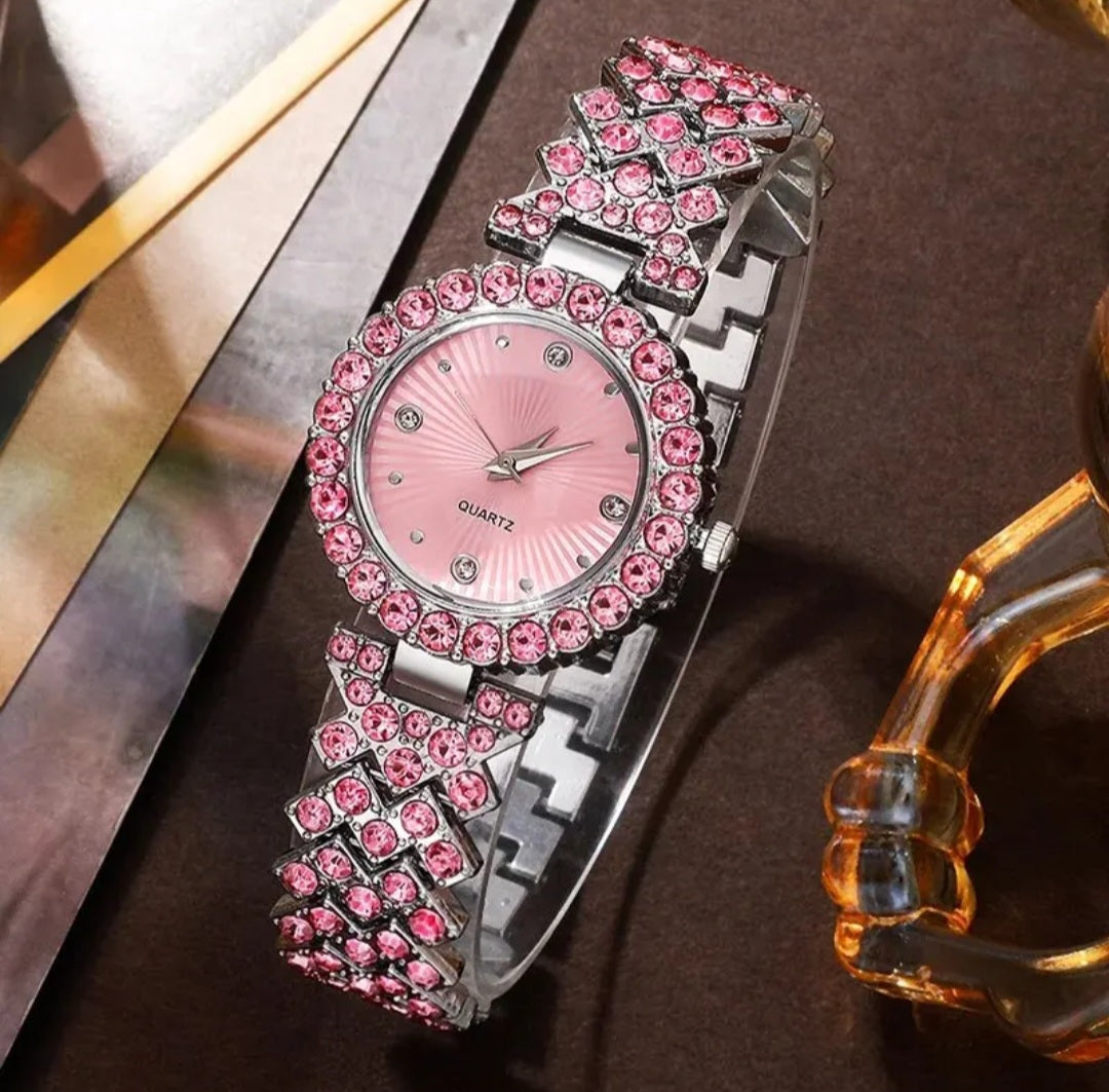 Women Pink Rhinestone Quartz Watch
