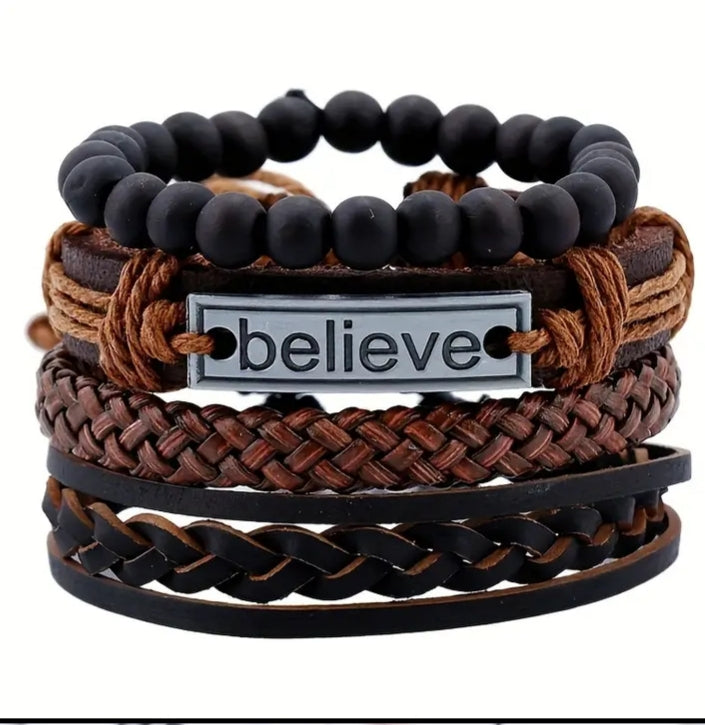 Beaded and braided leather bracelet set