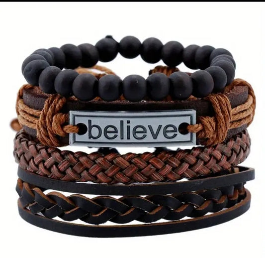 Beaded and braided leather bracelet set