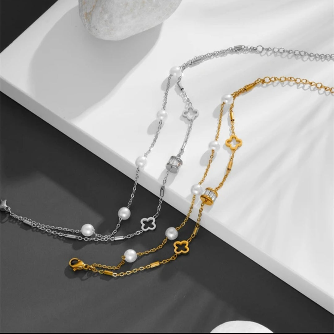 Double chain pearl 4 leaf clover bracelet