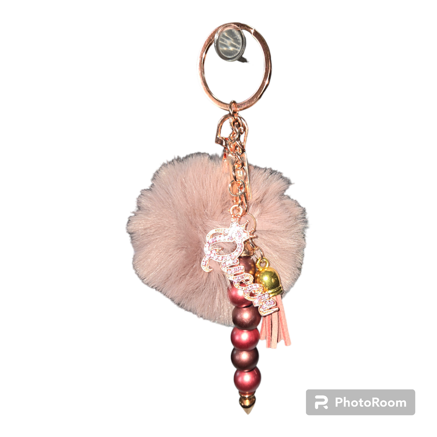 Pom pom beaded bar keychain