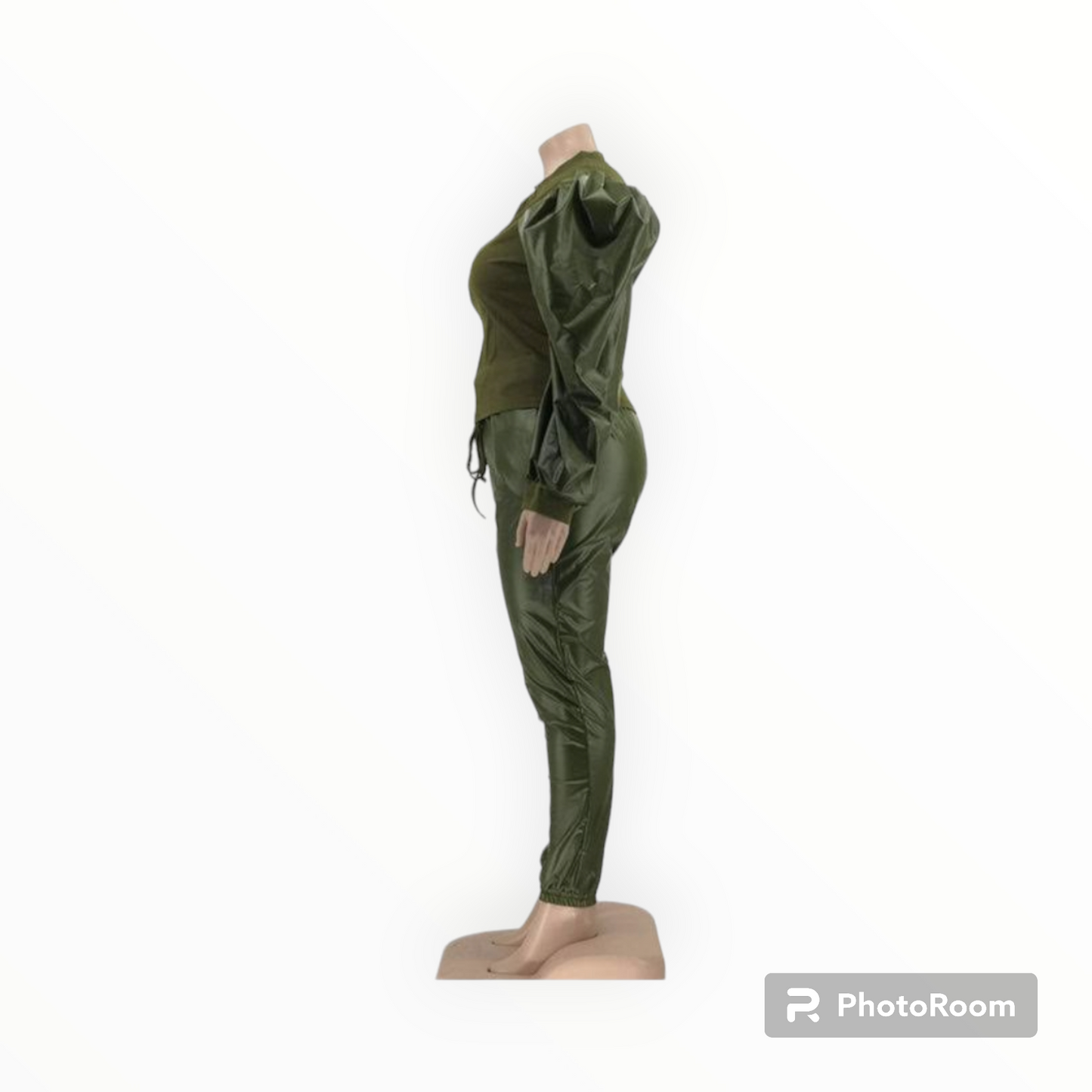 Plus size Puff sleeves faux leather 2pc joggers set