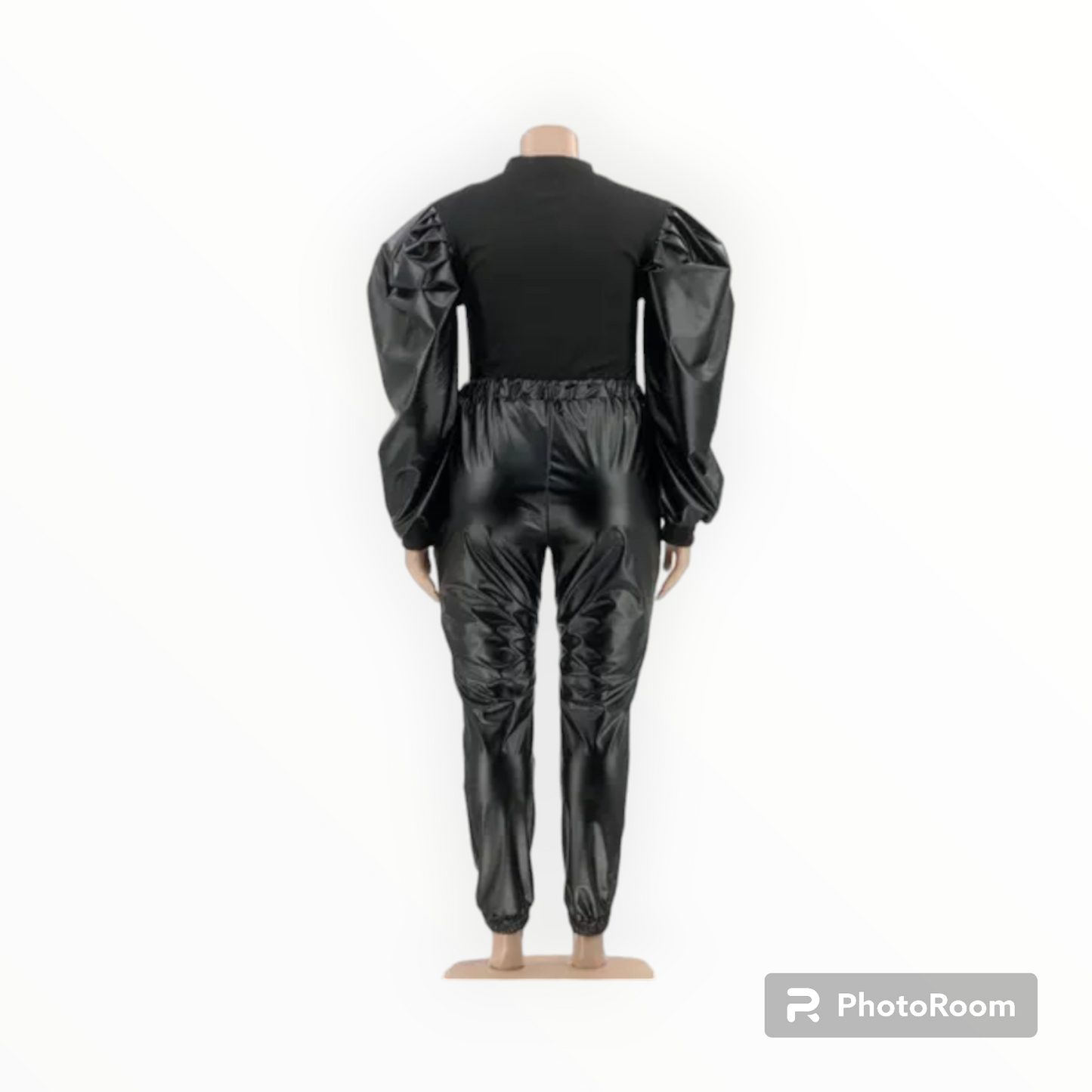Plus size Puff sleeves faux leather 2pc joggers set