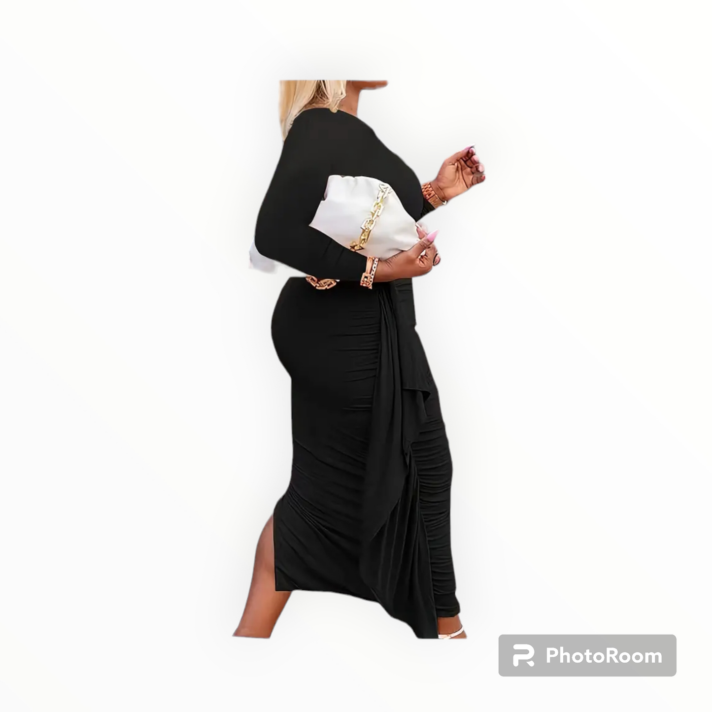 Plus size women ruffle trim side drape midi dress
