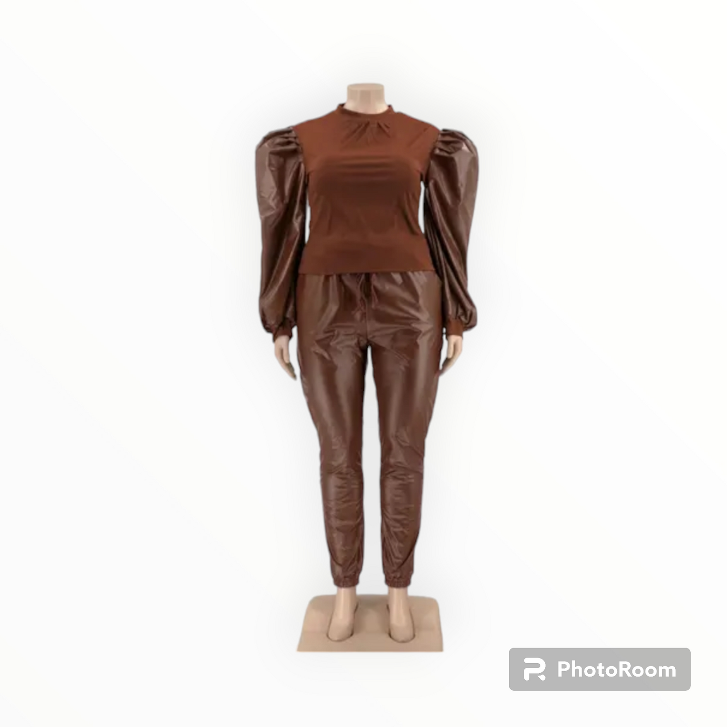 Plus size Puff sleeves faux leather 2pc joggers set