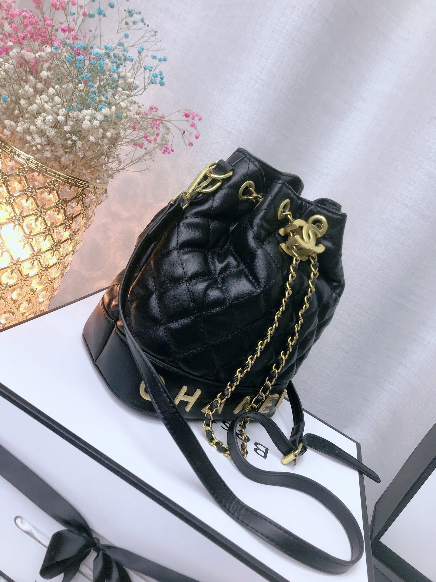 Chanel inspired quilted bucket handbag