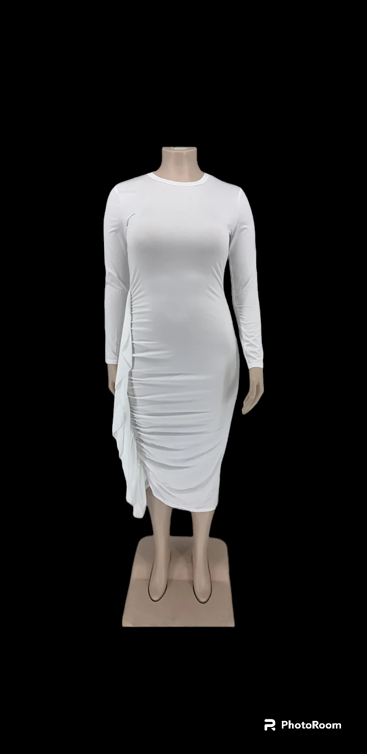 Plus size women ruffle trim side drape midi dress