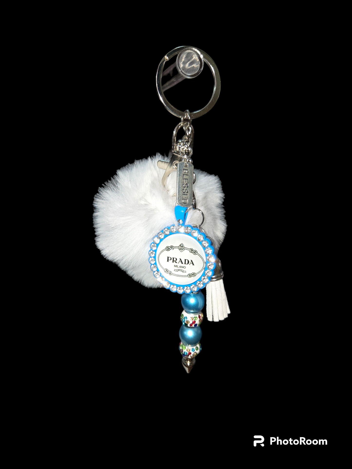 Pom pom beaded bar key chain