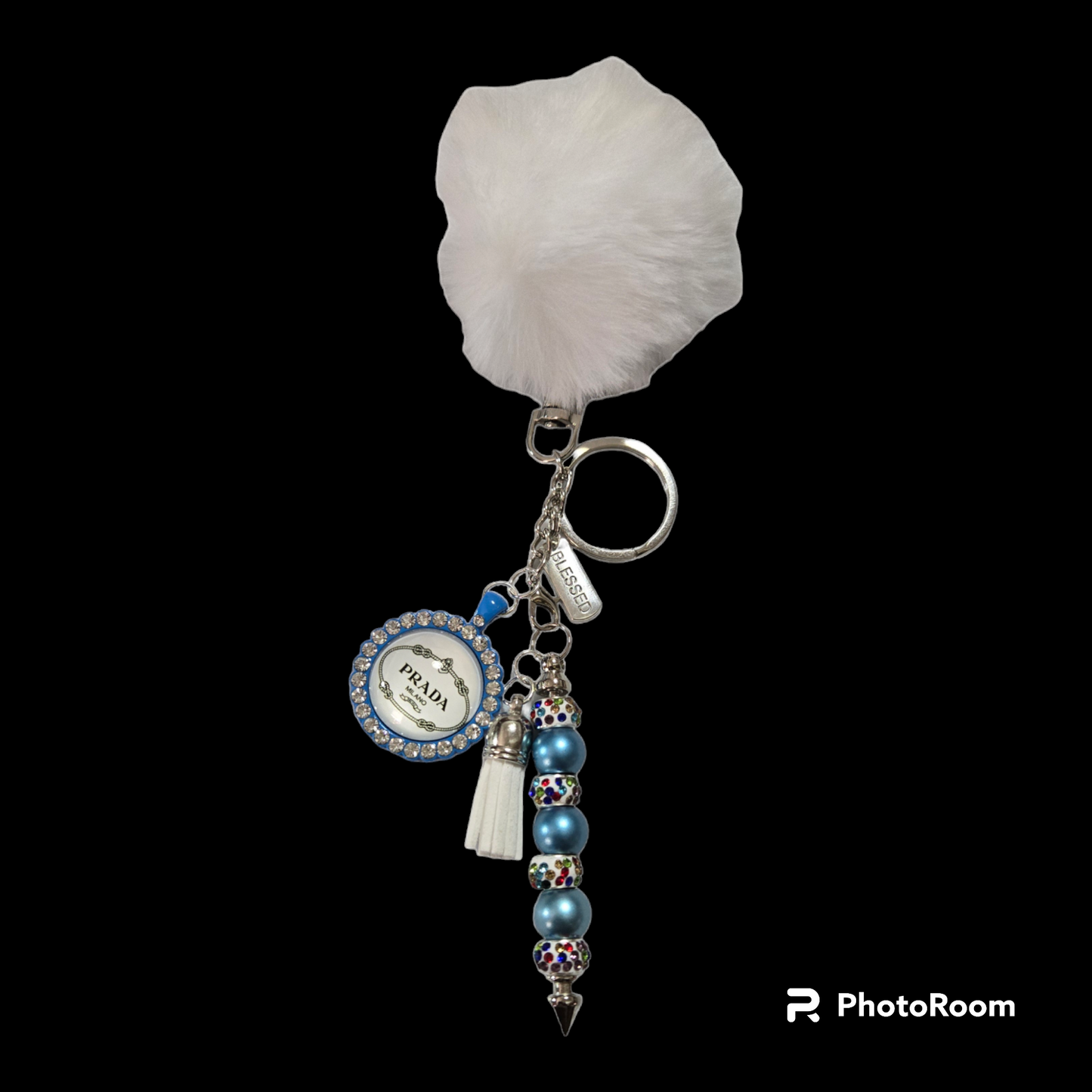Pom pom beaded bar key chain