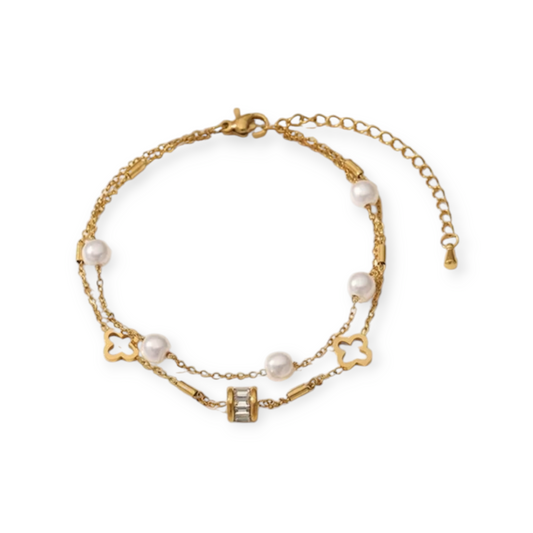 Double chain pearl 4 leaf clover bracelet