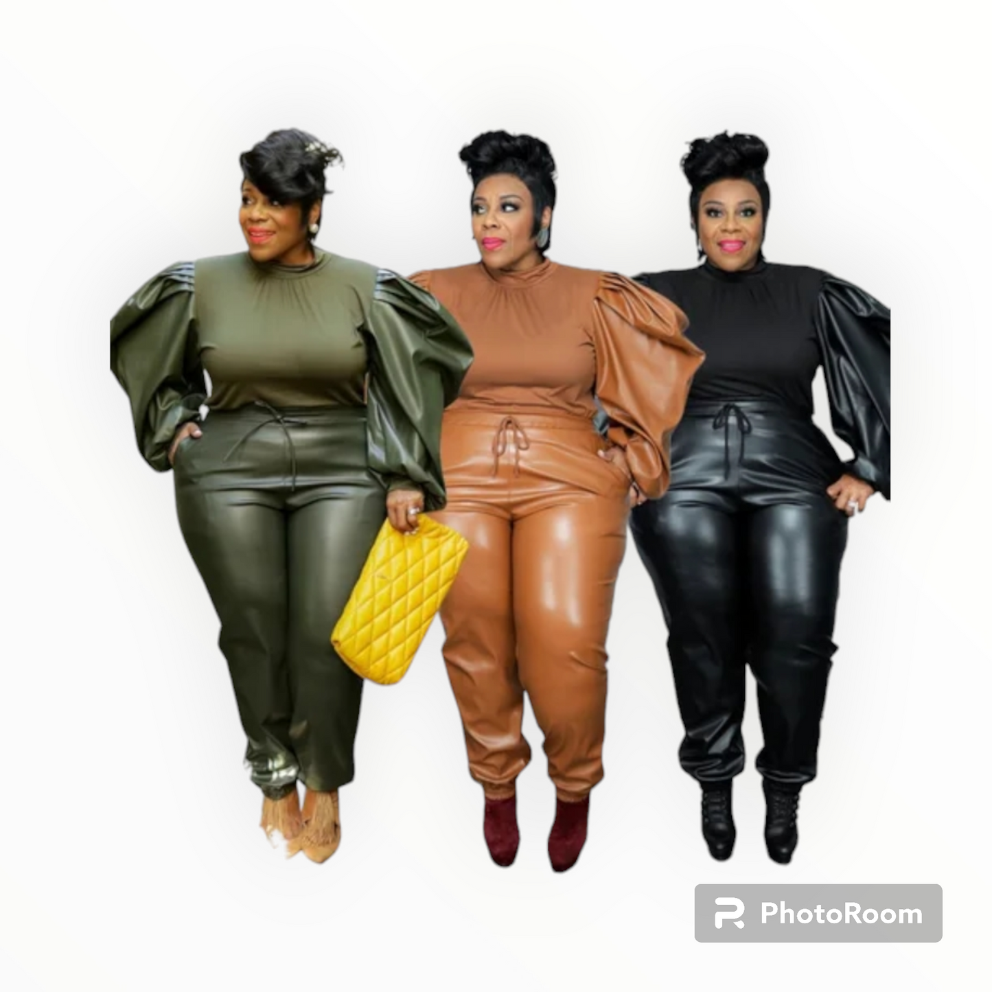 Plus size Puff sleeves faux leather 2pc joggers set