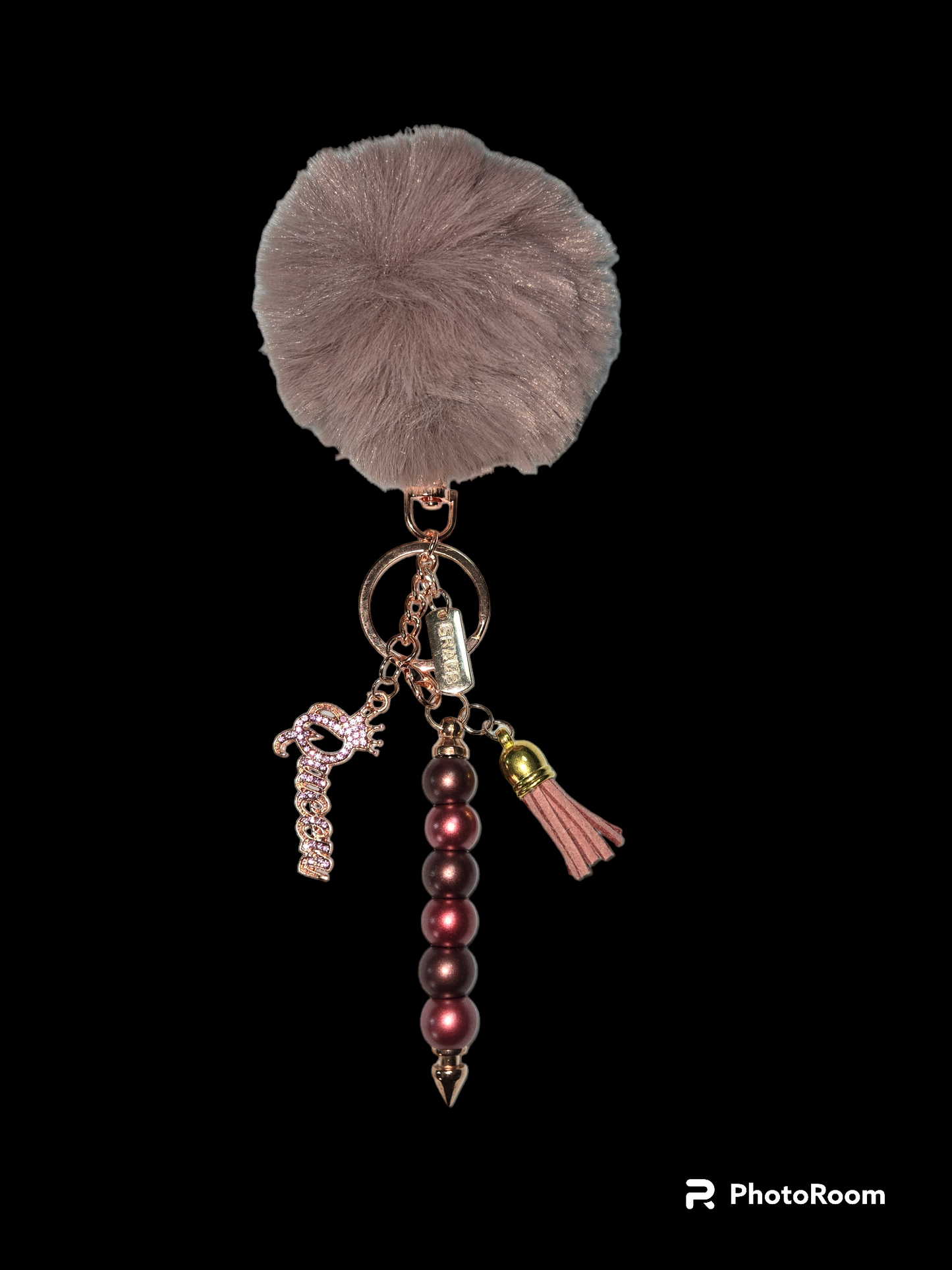 Pom pom beaded bar keychain