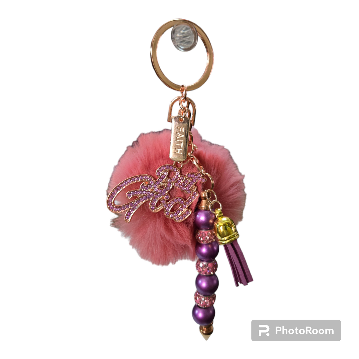 Pom pom beaded bar keychain