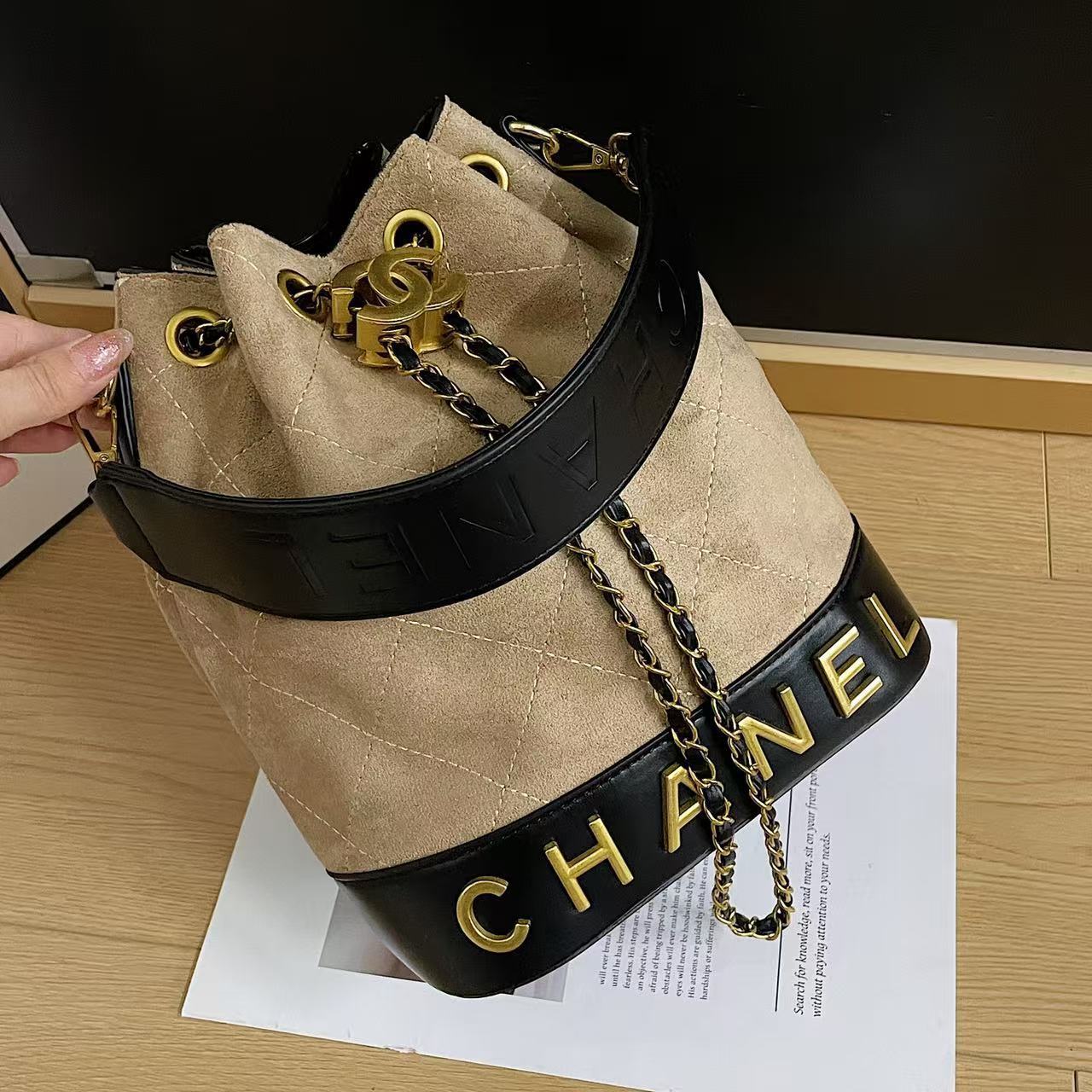 Chanel inspired Suade bucket handbag
