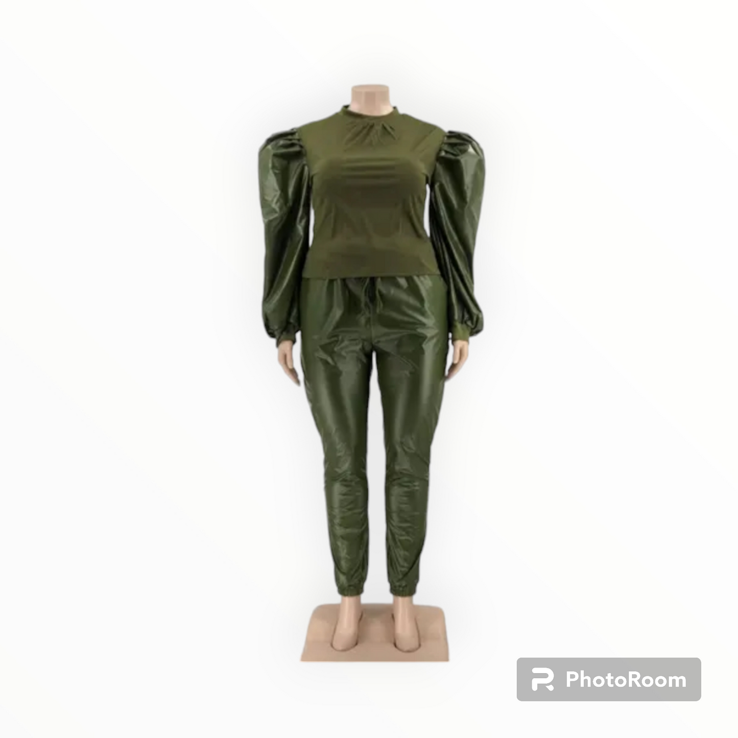 Plus size Puff sleeves faux leather 2pc joggers set