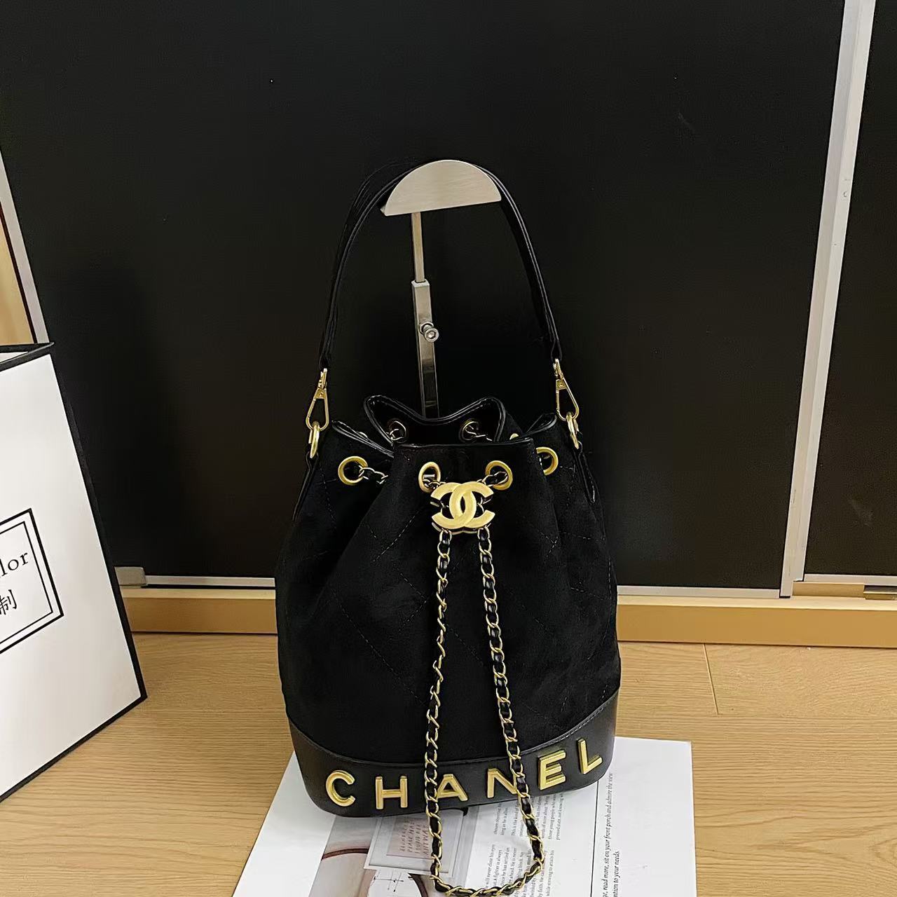Chanel inspired Suade bucket handbag