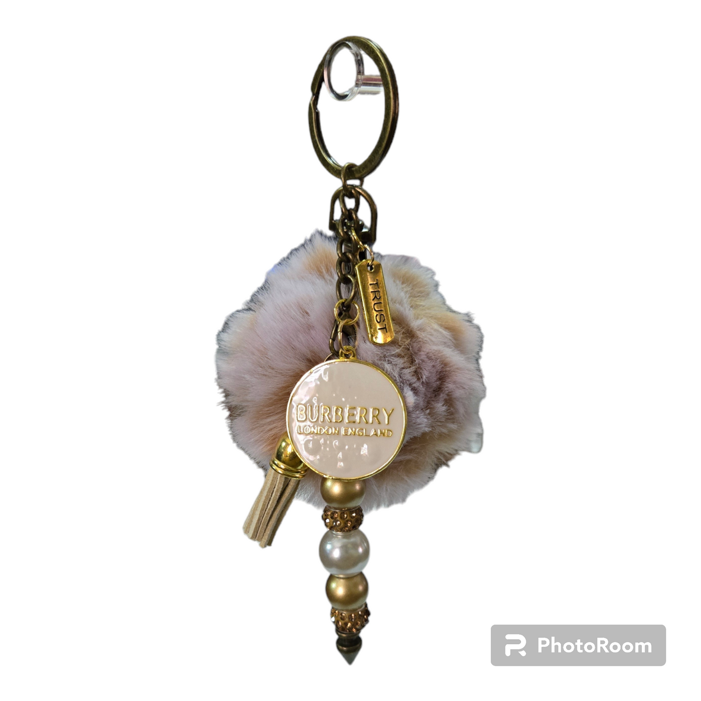 Pom pom beaded bar keychain