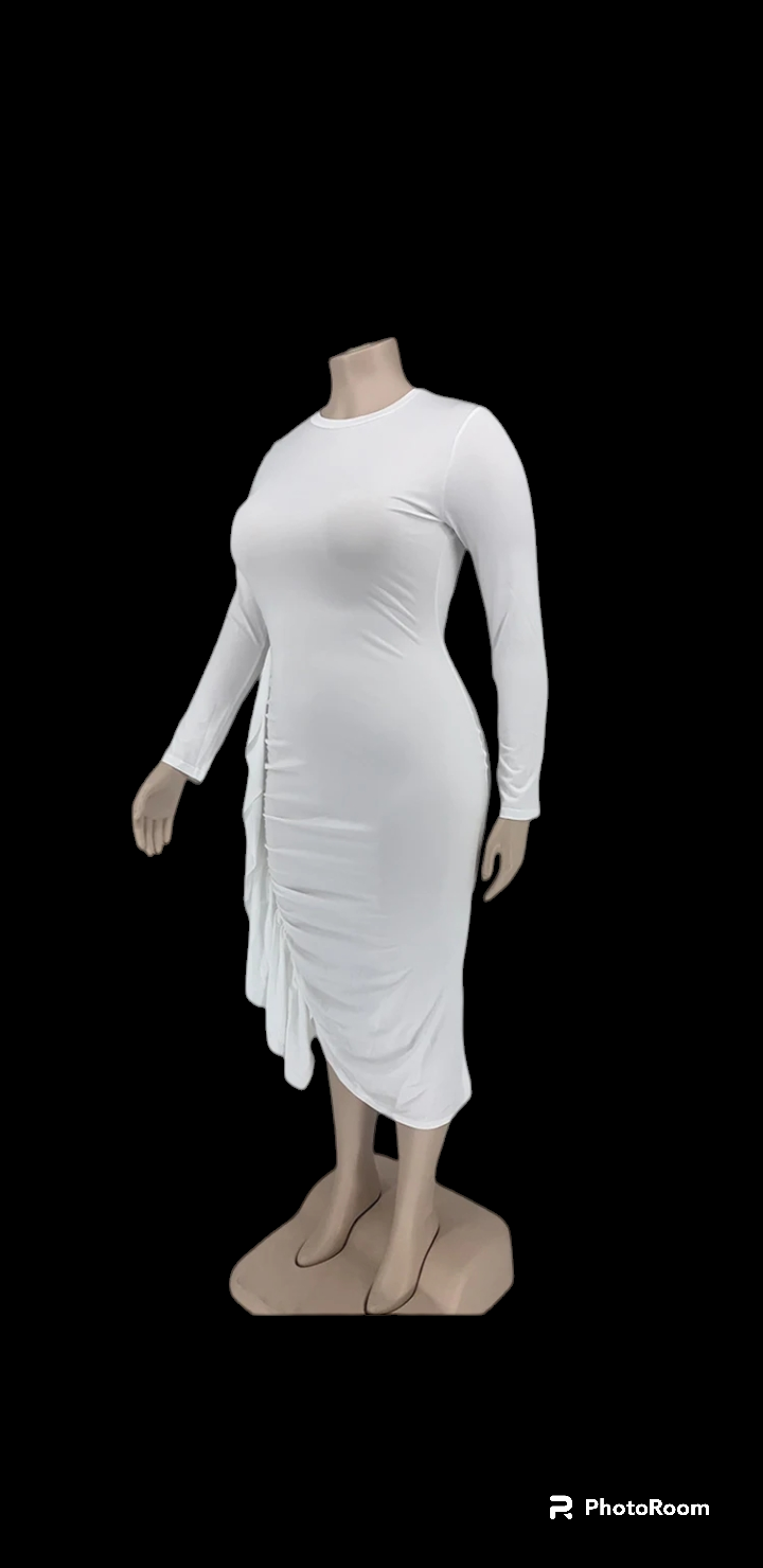 Plus size women ruffle trim side drape midi dress