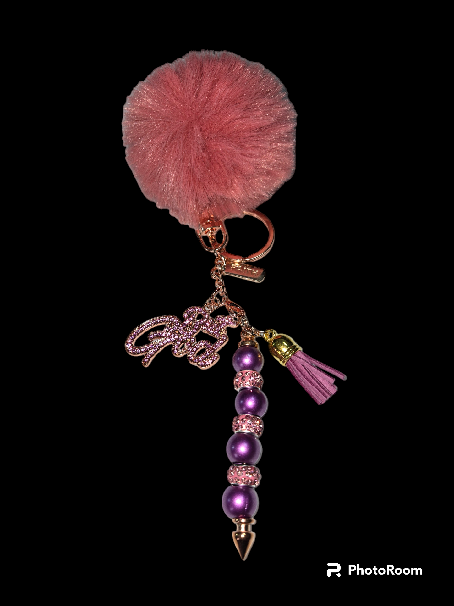 Pom pom beaded bar keychain