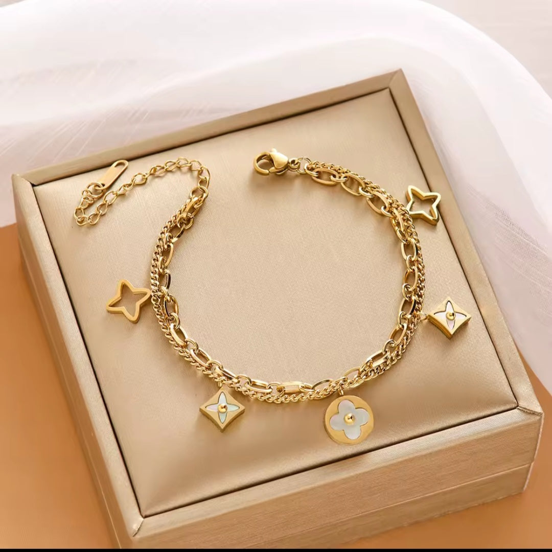 LV inspired four leaf clover charm bracelet