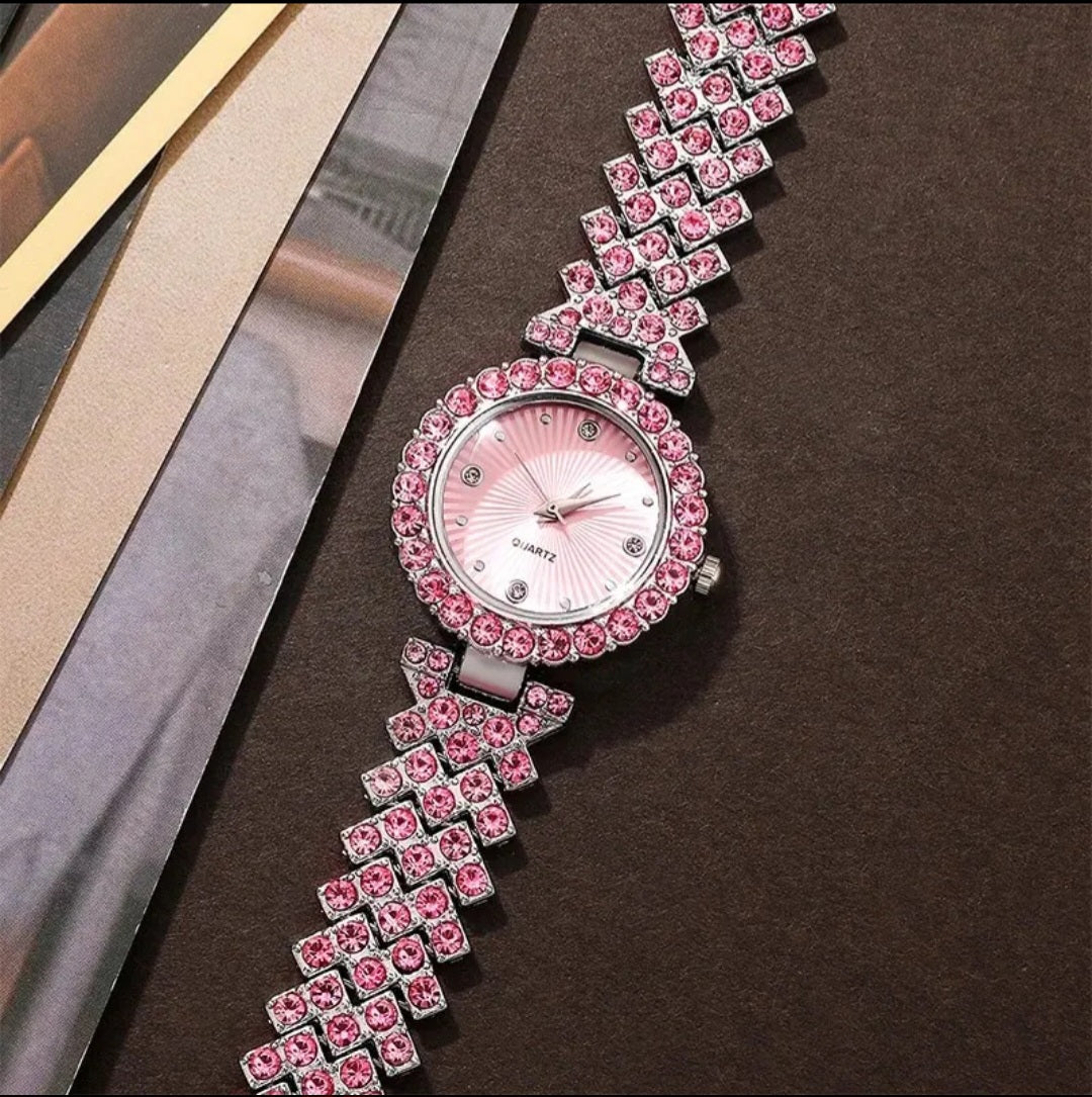 Women Pink Rhinestone Quartz Watch